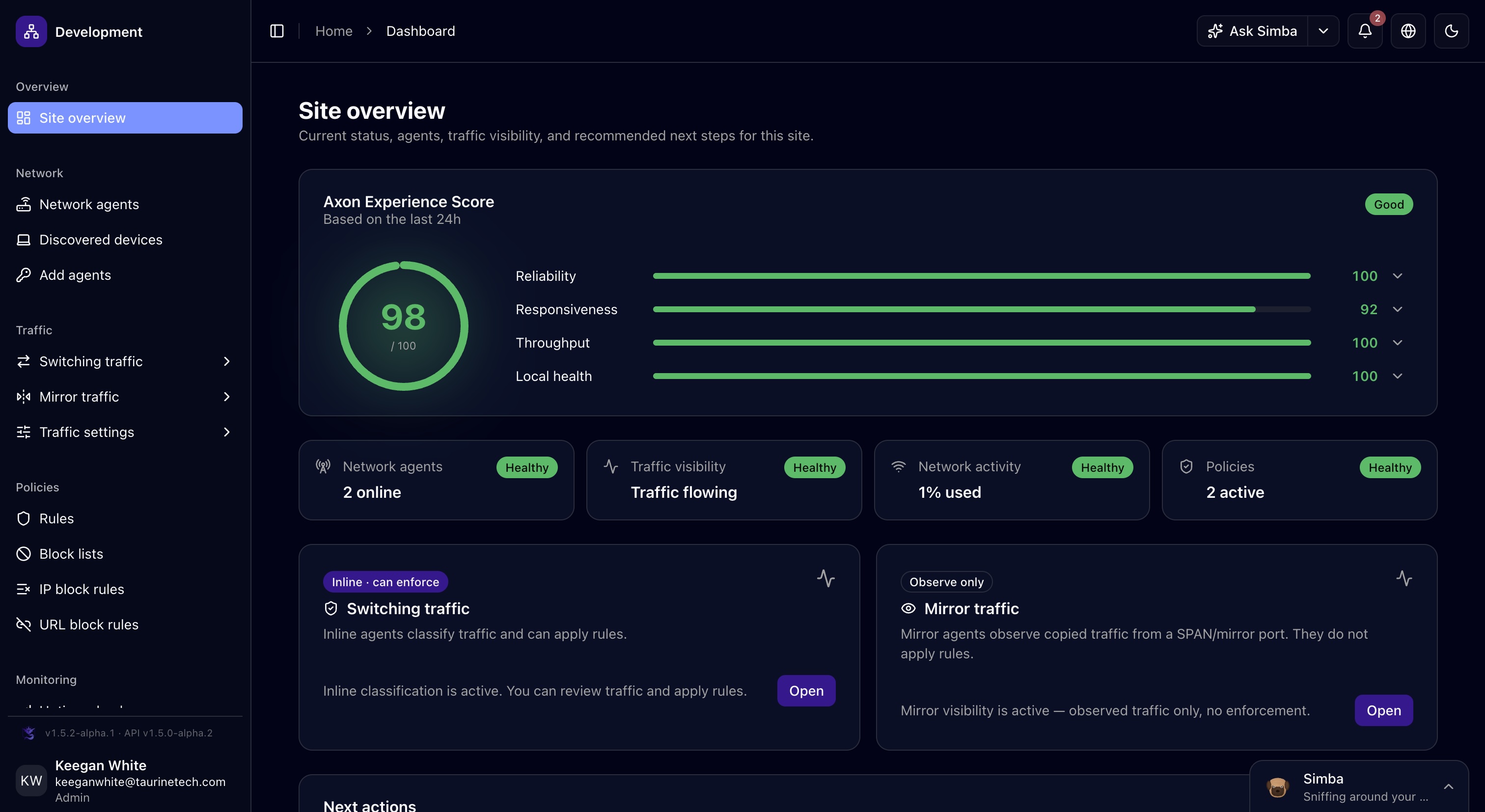 Axon operations console site overview showing an Experience Score of 98 out of 100 with component bars for reliability, responsiveness, throughput and local health, plus healthy status cards for network agents, traffic visibility, network activity and policies, and panels for inline switching analytics and observe-only mirror analytics.