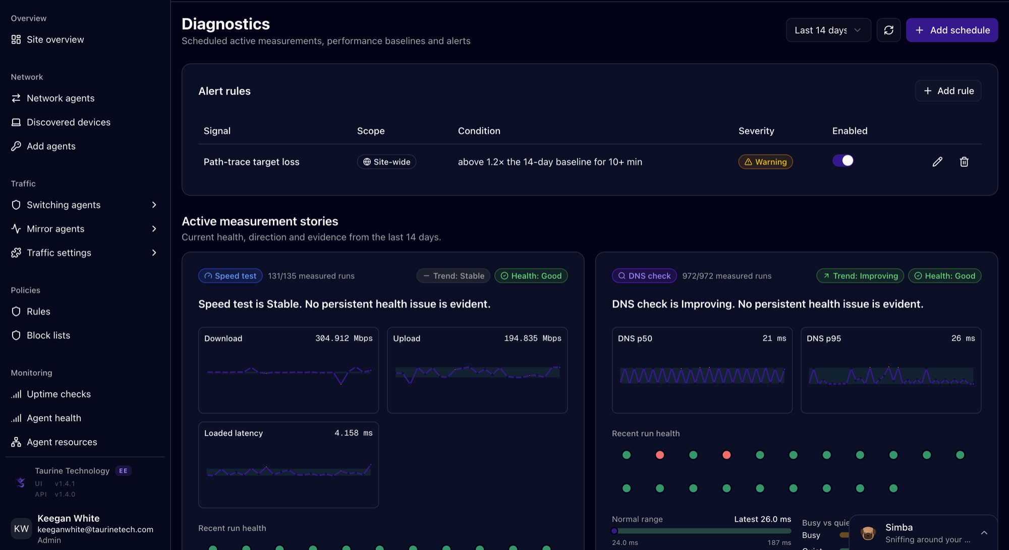 Axon diagnostics page with an alert rule for path-trace target loss above 1.2 times the 14-day baseline, and active measurement stories: a speed test story marked stable and healthy with 304.9 megabits per second download and 194.8 up, and a DNS check story marked improving and healthy with p50 of 21 milliseconds and p95 of 26 milliseconds, each with recent run health dots.