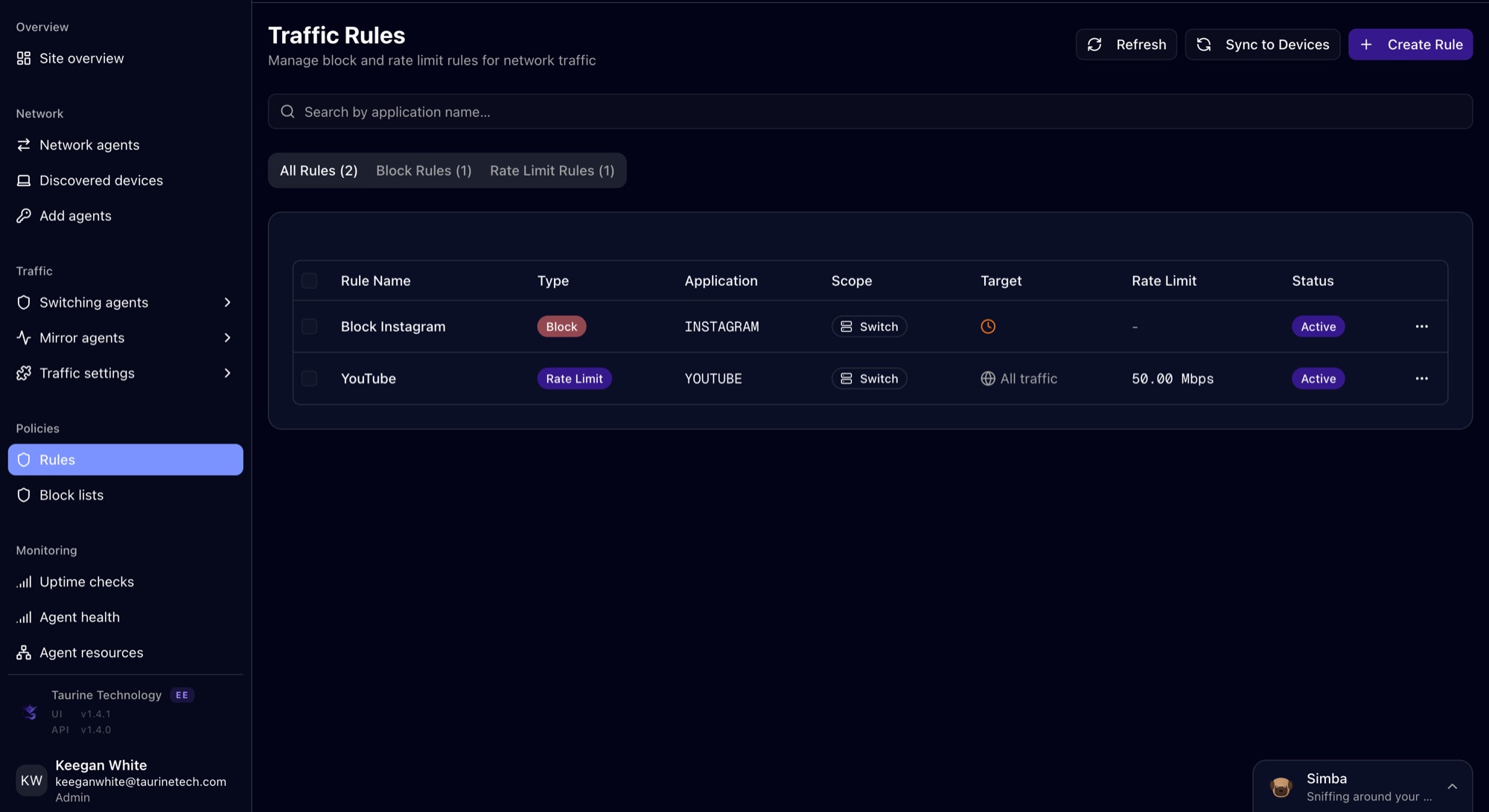 Axon traffic rules page showing two active rules: a block rule for the Instagram application scoped to a switch with a time-window target, and a 50 megabit per second rate limit for YouTube applying to all traffic, with controls to sync policy to devices.