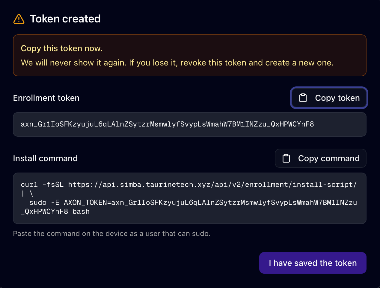 Axon Device Enrollment, token modal with one-line installer